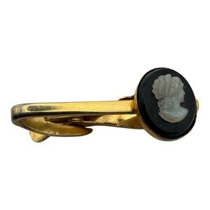 Vintage Hickok‎ Cameo Tie Clip Gold Tone Black Cabochon USA 1”